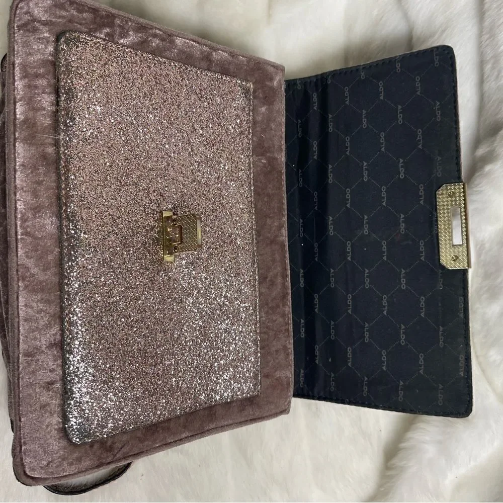 Aldo rose gold glitter &light brown velvet satchel/shoulder bag gold tone accent